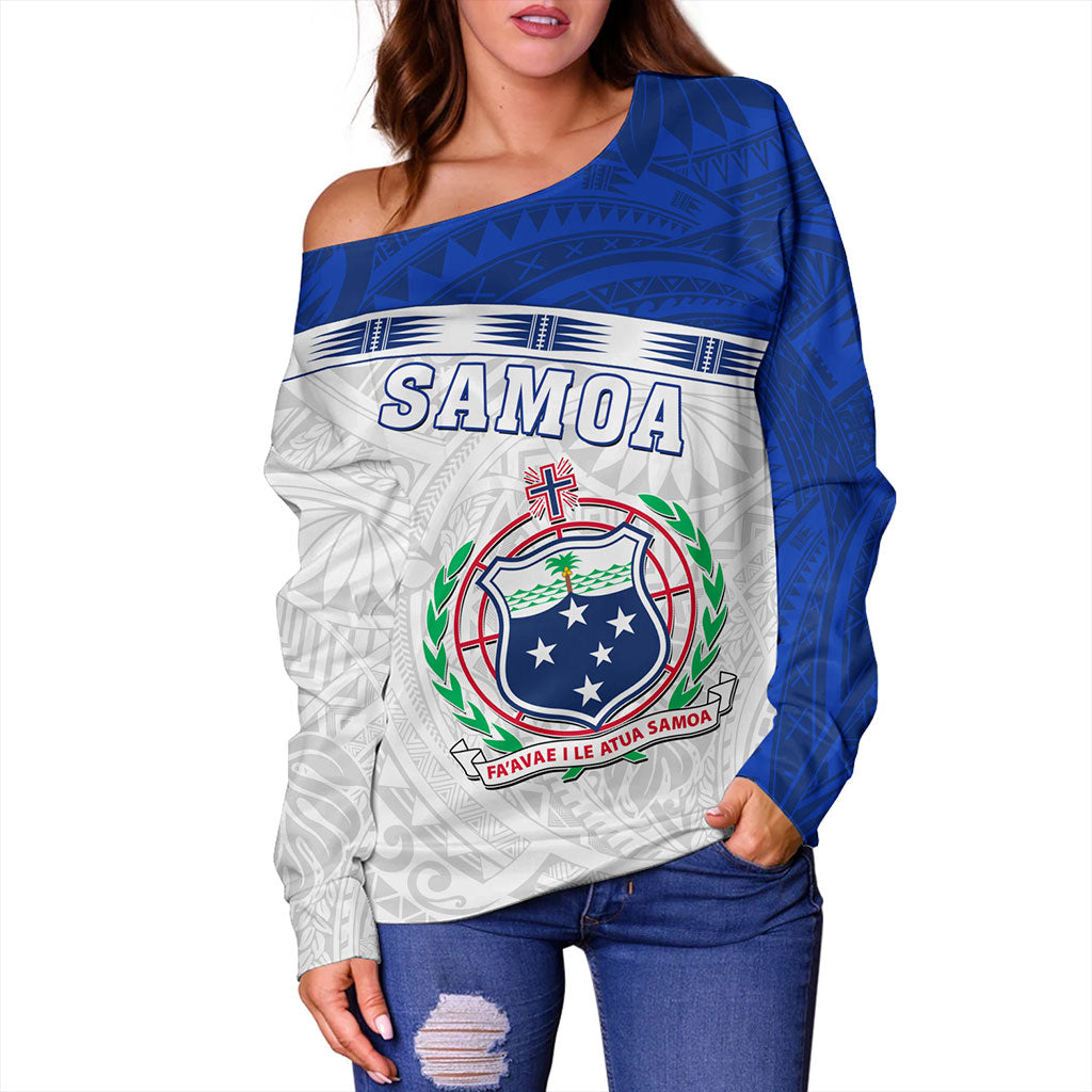 Samoa Off Shoulder Sweatshirt Coat Of Arms Tribal