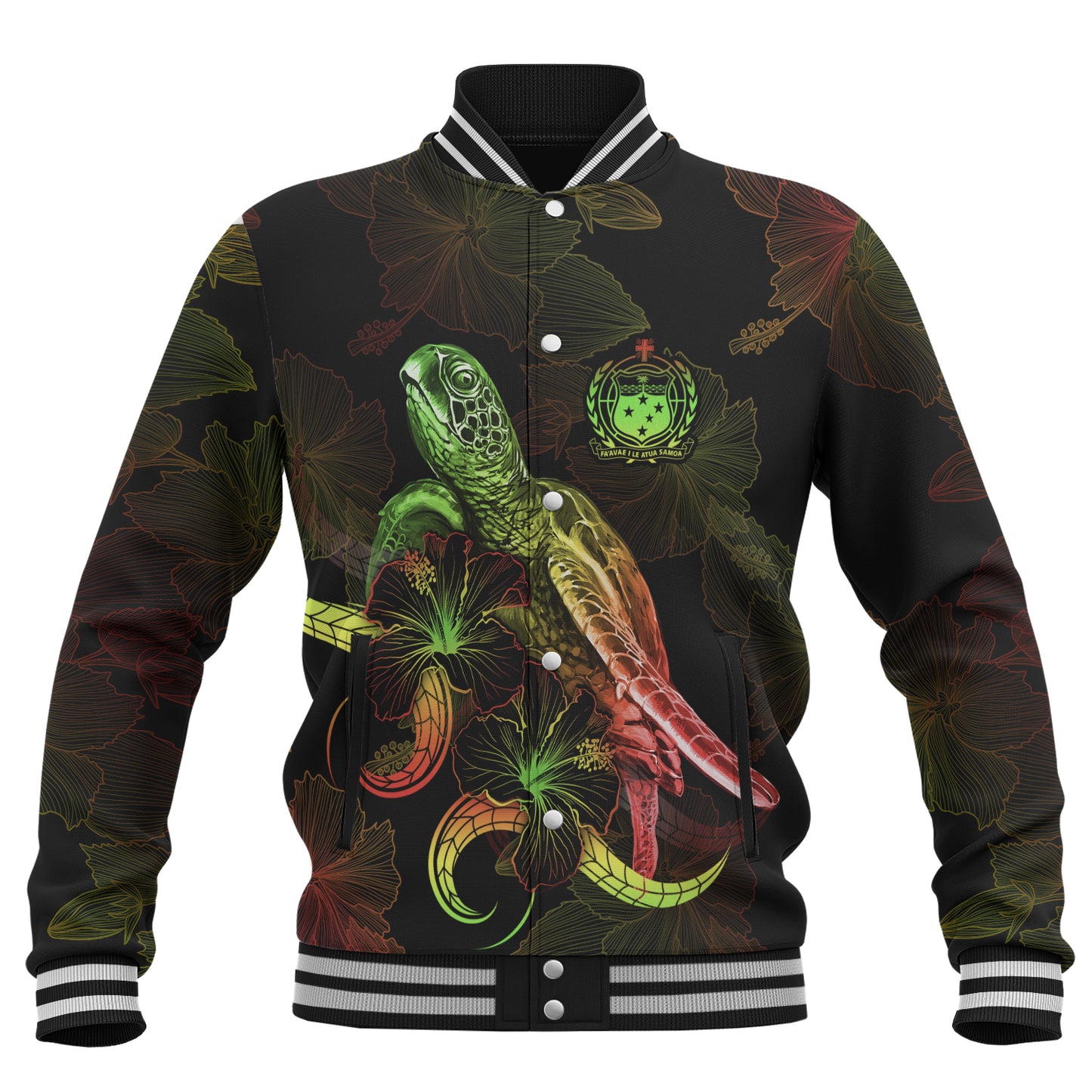 Samoa Baseball Jacket Sea Turtle With Blooming Hibiscus Flowers Reggae