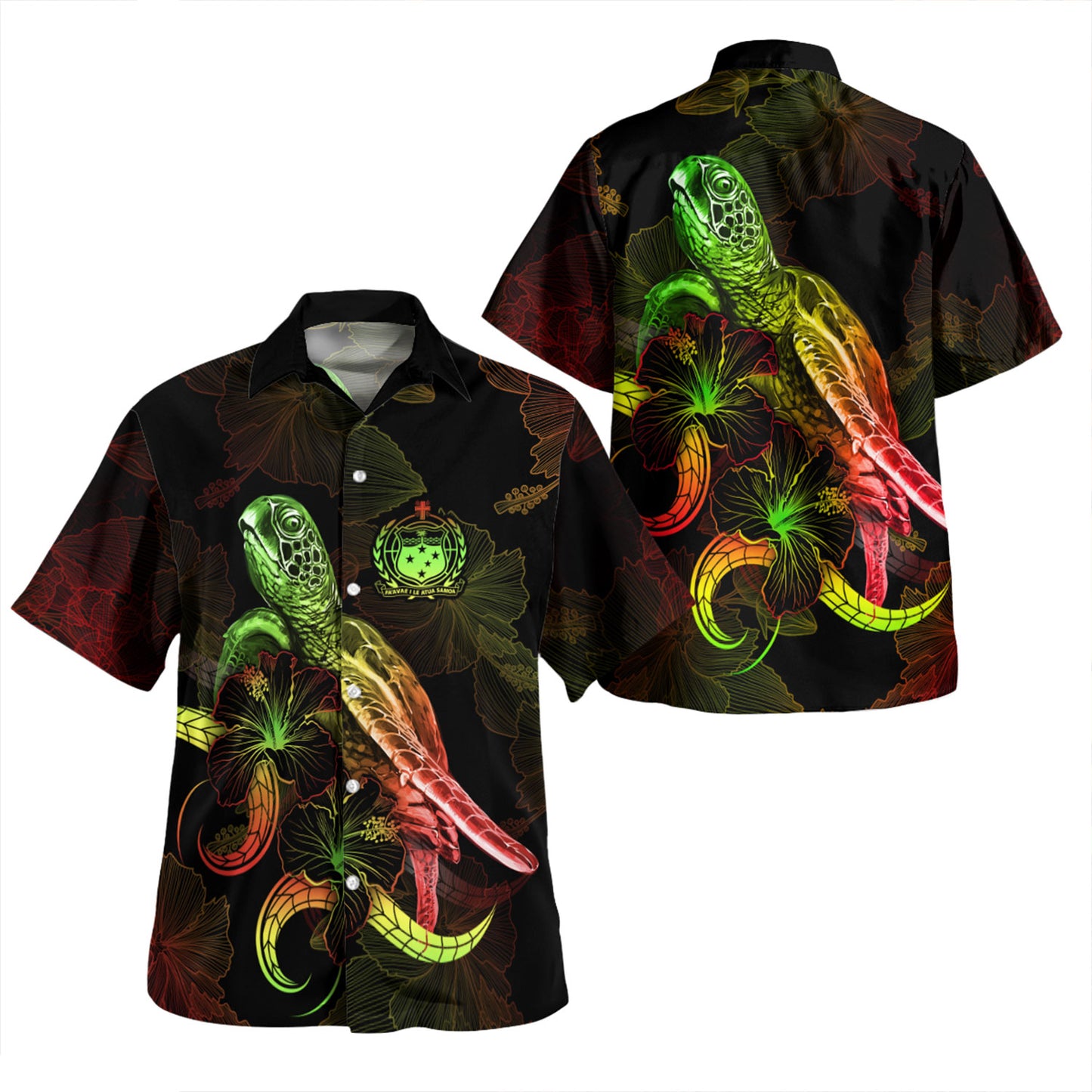 Samoa Combo Dress And Shirt - Sea Turtle With Blooming Hibiscus Flowers Reggae
