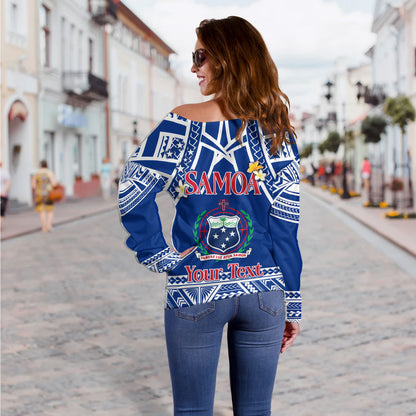 Samoa Custom Personalised Off Shoulder Sweatshirt Polynesian Plumeria Flowers Mix Tribal Patterns
