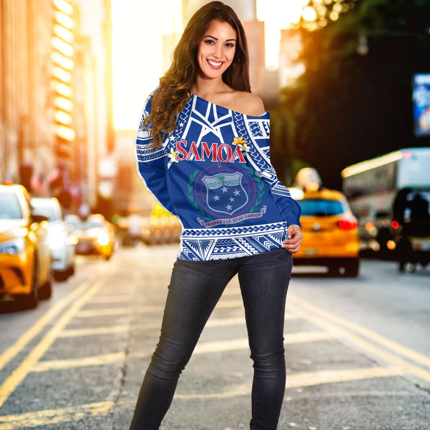 Samoa Custom Personalised Off Shoulder Sweatshirt Polynesian Plumeria Flowers Mix Tribal Patterns