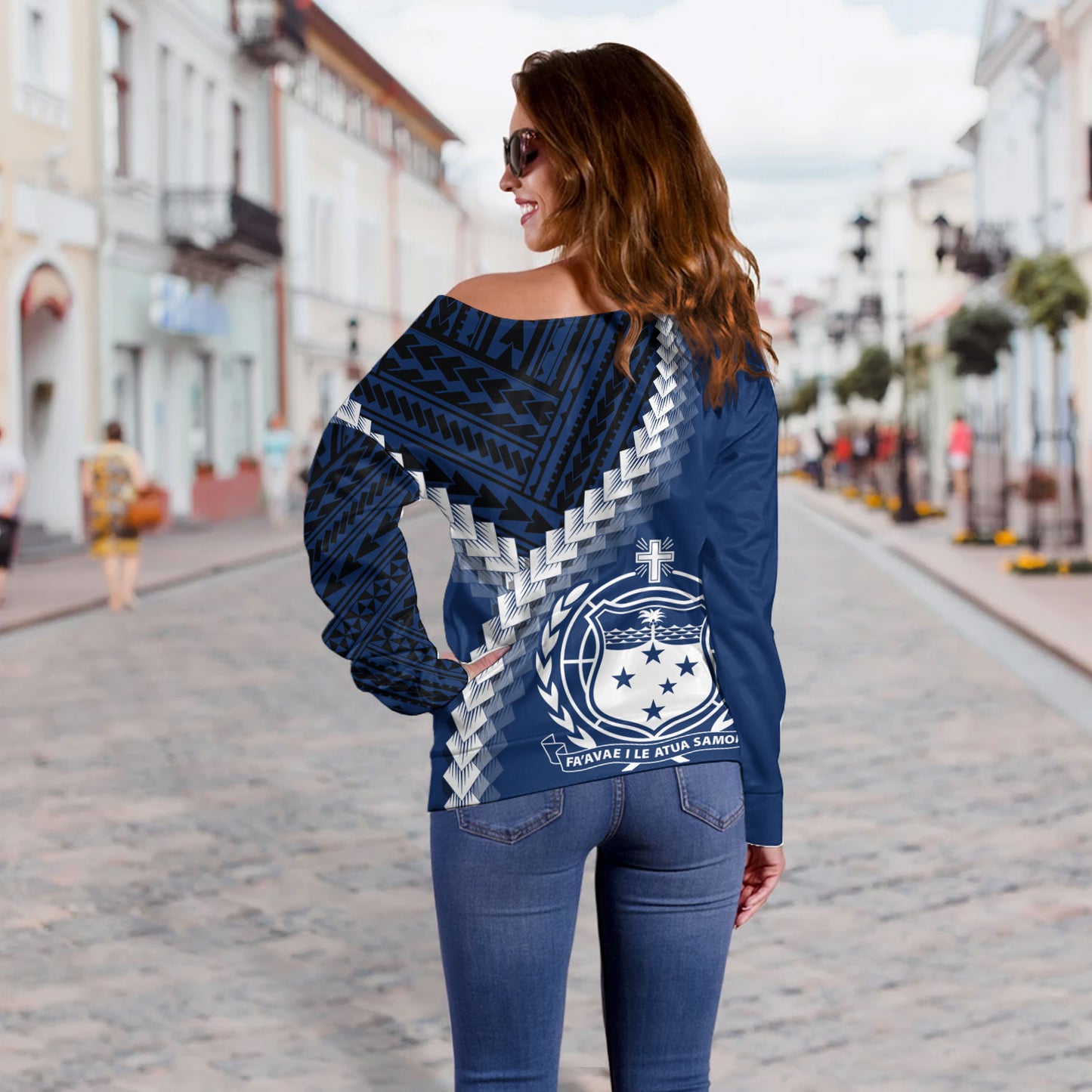 Samoa Off Shoulder Sweatshirt Samoa Coat Of Arms With Polynesian Tattoo Style
