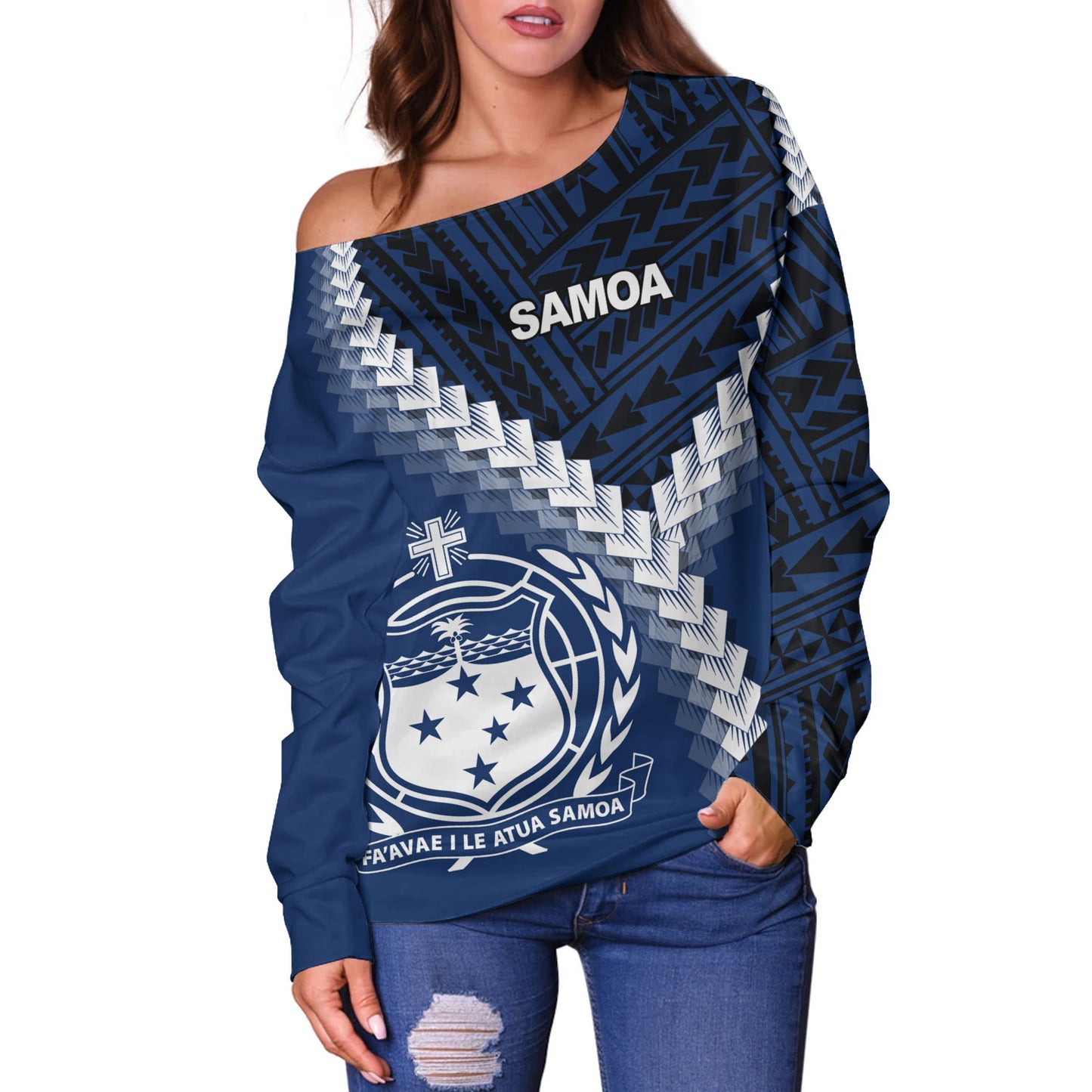 Samoa Off Shoulder Sweatshirt Samoa Coat Of Arms With Polynesian Tattoo Style