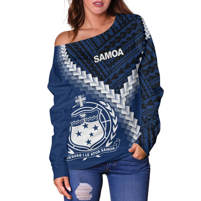 Samoa Off Shoulder Sweatshirt Samoa Coat Of Arms With Polynesian Tattoo Style