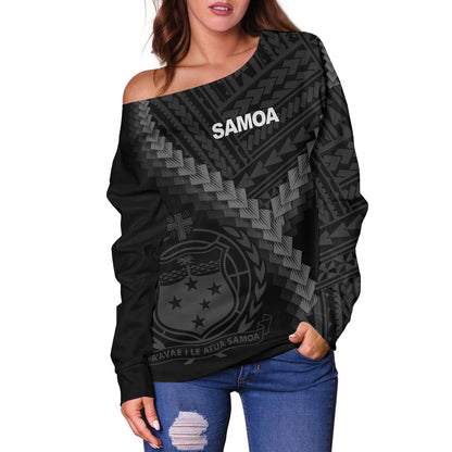 Samoa Off Shoulder Sweatshirt Samoa Coat Of Arms With Polynesian Tattoo Style
