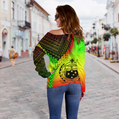 Samoa Off Shoulder Sweatshirt Samoa Coat Of Arms With Polynesian Tattoo Style