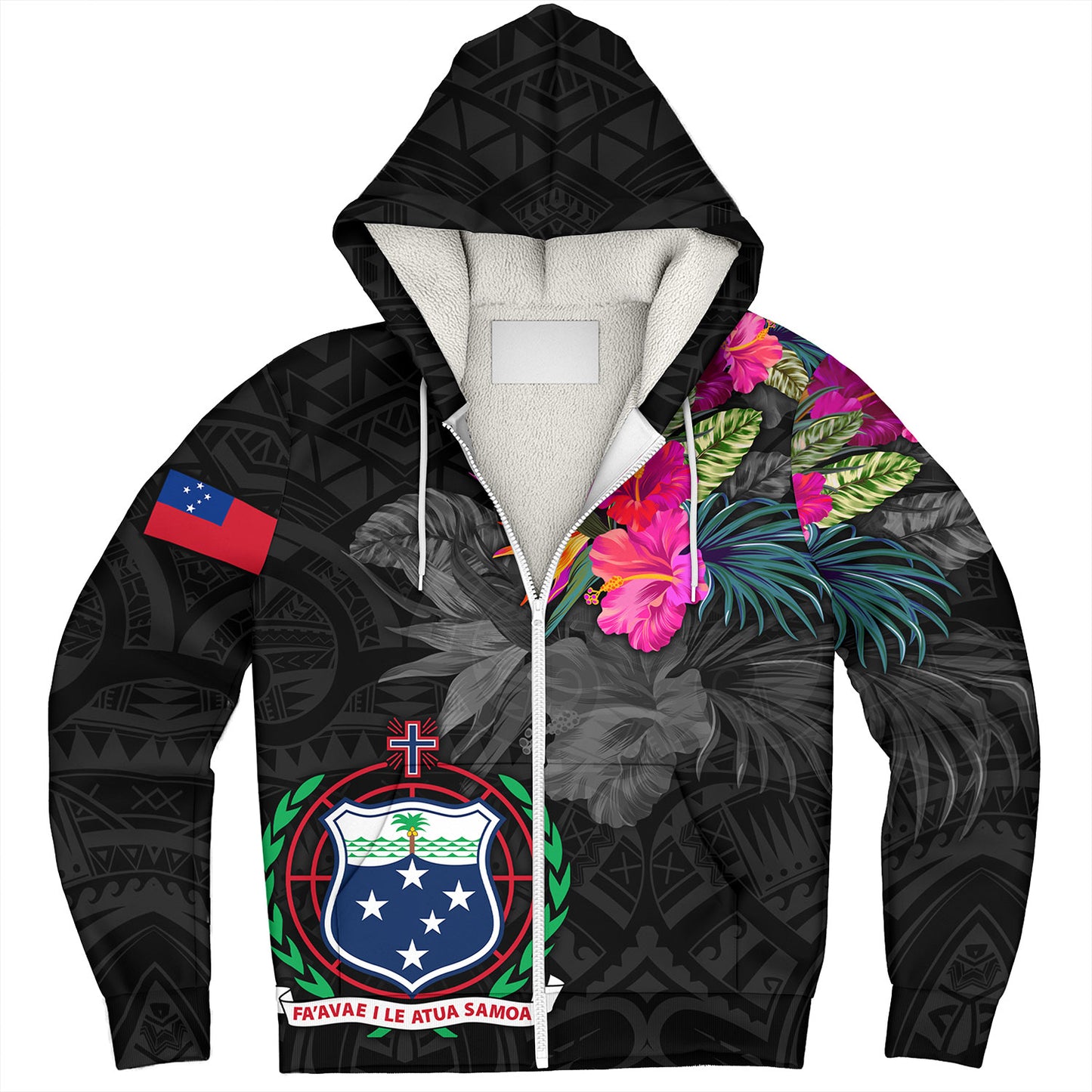 Samoa Sherpa Hoodie Custom Samoa Coat Of Arms With Tropical Flowers Special