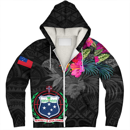 Samoa Sherpa Hoodie Custom Samoa Coat Of Arms With Tropical Flowers Special