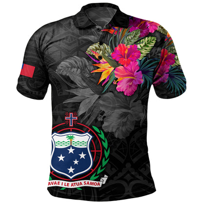 Samoa Polo Shirt Custom Samoa Coat Of Arms With Tropical Flowers Special