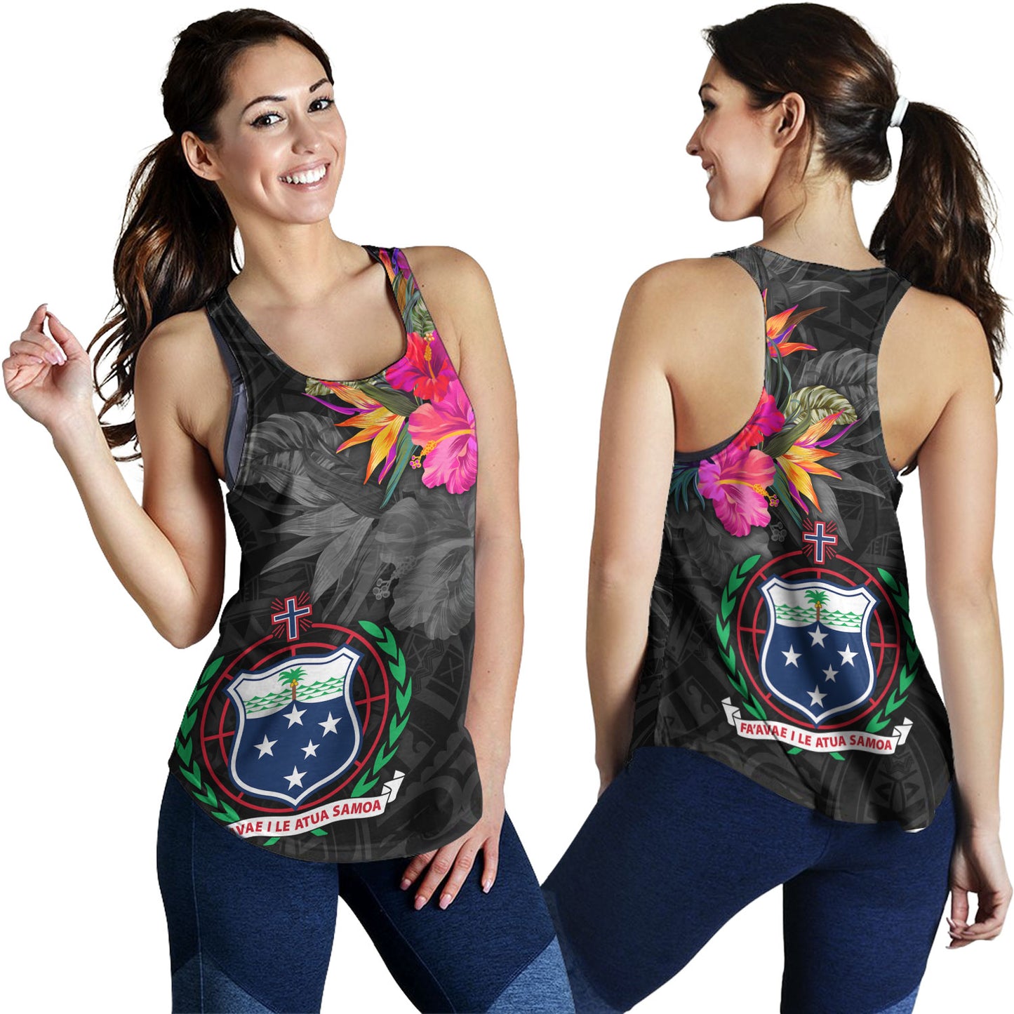 Samoa Women Tank Custom Samoa Coat Of Arms With Tropical Flowers Special