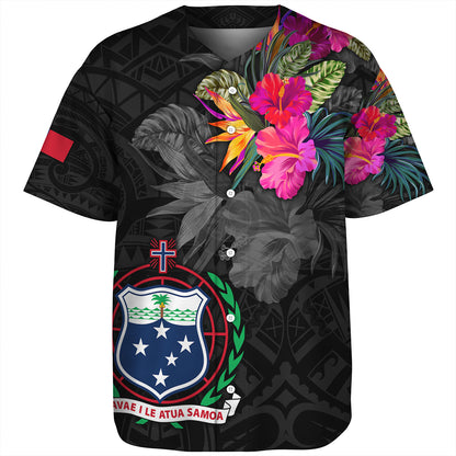 Samoa Baseball Shirt Custom Samoa Coat Of Arms With Tropical Flowers Special
