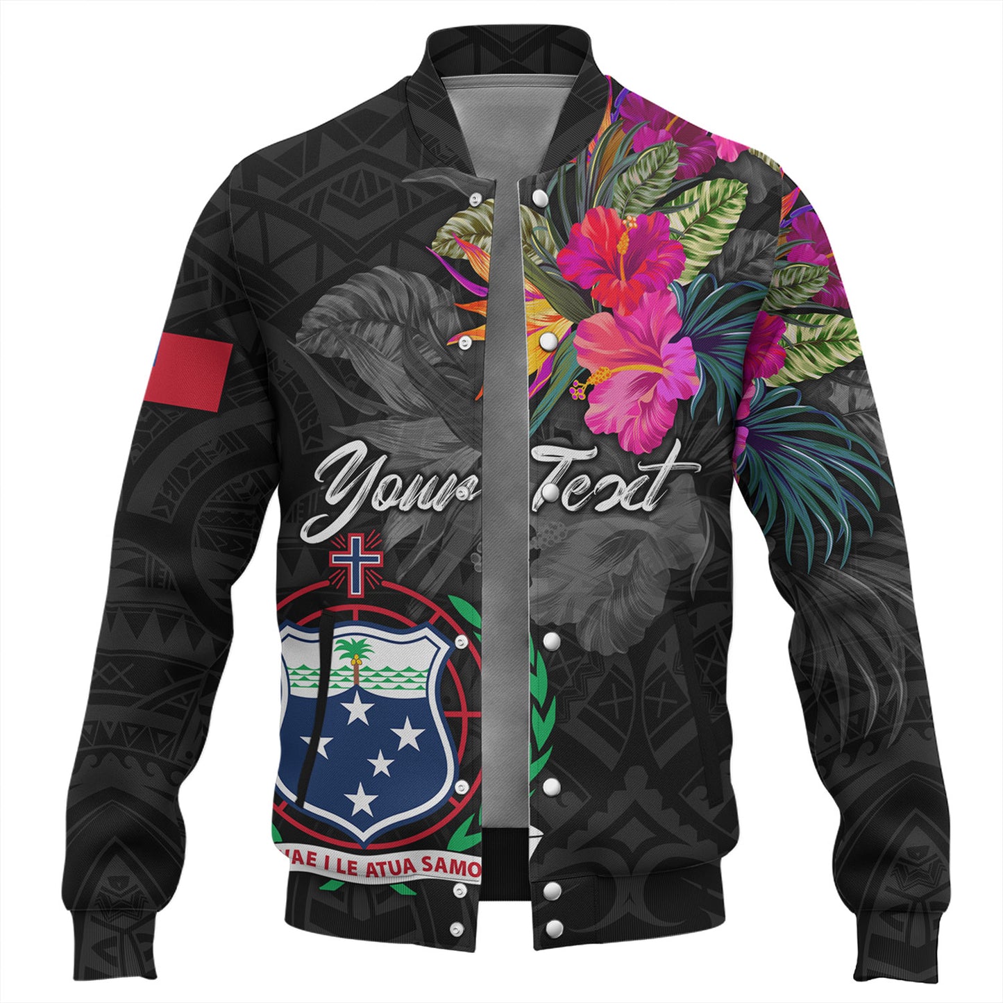 Samoa Baseball Jacket Custom Samoa Coat Of Arms With Tropical Flowers Special