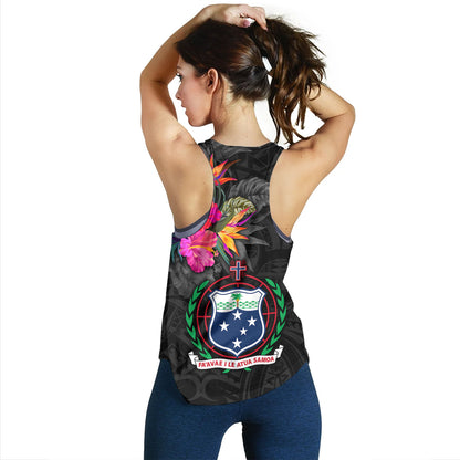 Samoa Women Tank Custom Samoa Coat Of Arms With Tropical Flowers Special