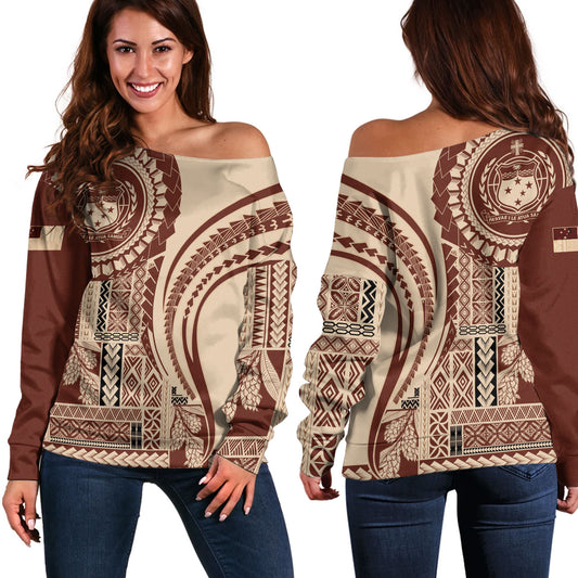 Samoa Off Shoulder Sweatshirt Seal Samoan Siapo Brown Design