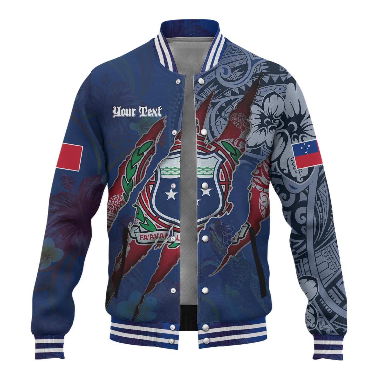 Samoa Baseball Jacket Custom Samoan Blood Inside Me Polynesian Sleeve Tattoo Tropical Blue