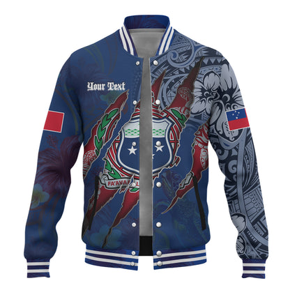 Samoa Baseball Jacket Custom Samoan Blood Inside Me Polynesian Sleeve Tattoo Tropical Blue