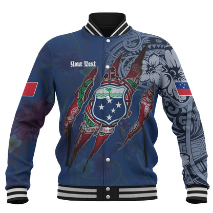 Samoa Baseball Jacket Custom Samoan Blood Inside Me Polynesian Sleeve Tattoo Tropical Blue