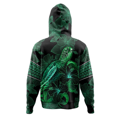 Samoa Hoodie  Sea Turtle With Blooming Hibiscus Flowers Tribal Green