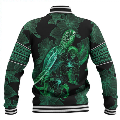 Samoa Baseball Jacket  Sea Turtle With Blooming Hibiscus Flowers Tribal Green