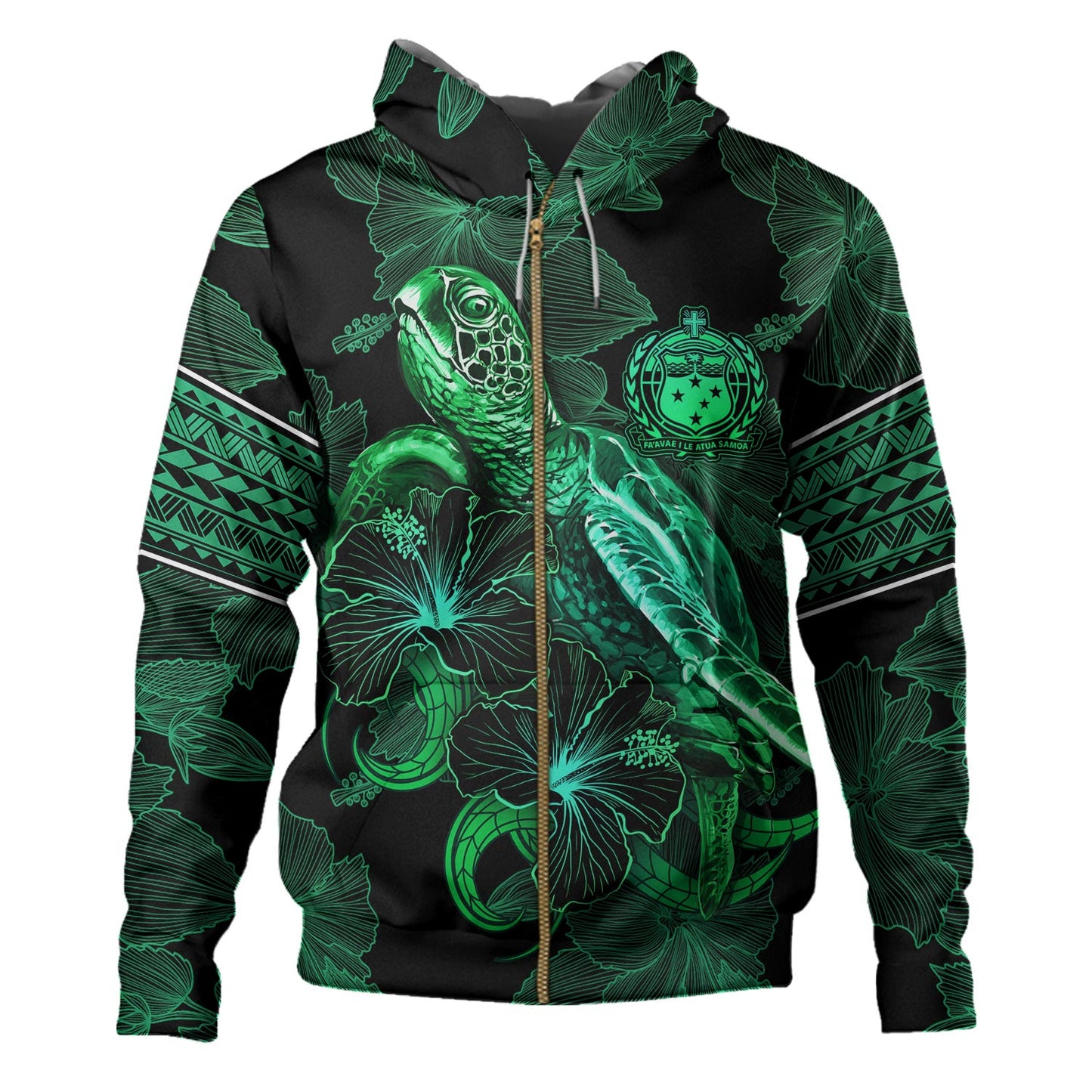 Samoa Hoodie  Sea Turtle With Blooming Hibiscus Flowers Tribal Green