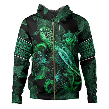 Samoa Hoodie  Sea Turtle With Blooming Hibiscus Flowers Tribal Green
