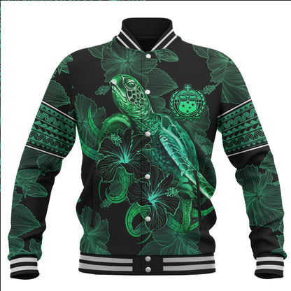 Samoa Baseball Jacket  Sea Turtle With Blooming Hibiscus Flowers Tribal Green
