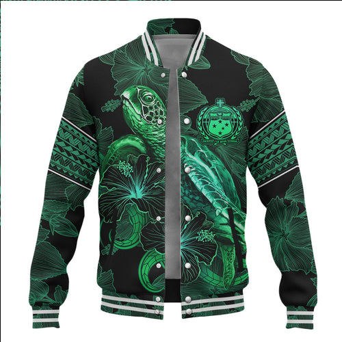 Samoa Baseball Jacket  Sea Turtle With Blooming Hibiscus Flowers Tribal Green