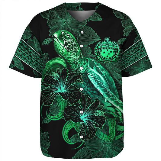 Samoa Baseball Shirt  Sea Turtle With Blooming Hibiscus Flowers Tribal Green
