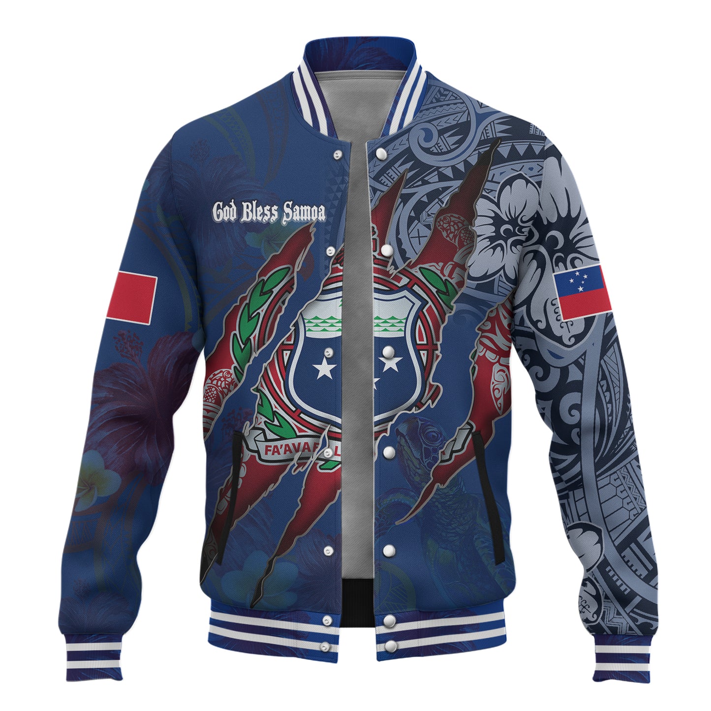Samoa Baseball Jacket Custom Samoan Blood Inside Me Polynesian Sleeve Tattoo Tropical Blue