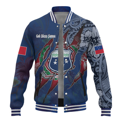 Samoa Baseball Jacket Custom Samoan Blood Inside Me Polynesian Sleeve Tattoo Tropical Blue