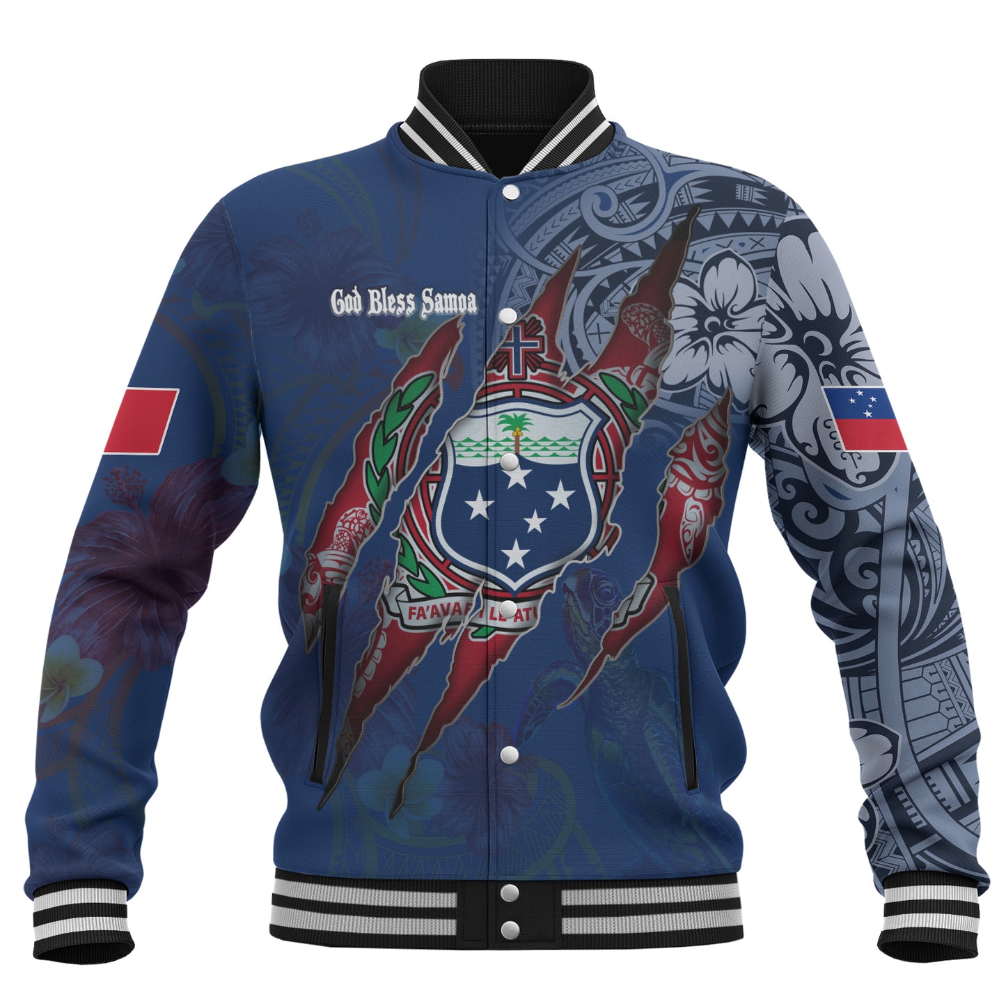 Samoa Baseball Jacket Custom Samoan Blood Inside Me Polynesian Sleeve Tattoo Tropical Blue