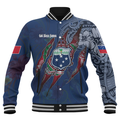 Samoa Baseball Jacket Custom Samoan Blood Inside Me Polynesian Sleeve Tattoo Tropical Blue