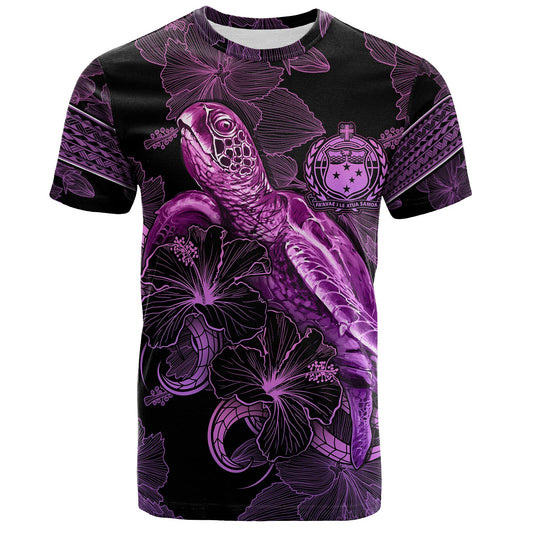 Samoa T-Shirt Sea Turtle With Blooming Hibiscus Flowers Tribal Purple