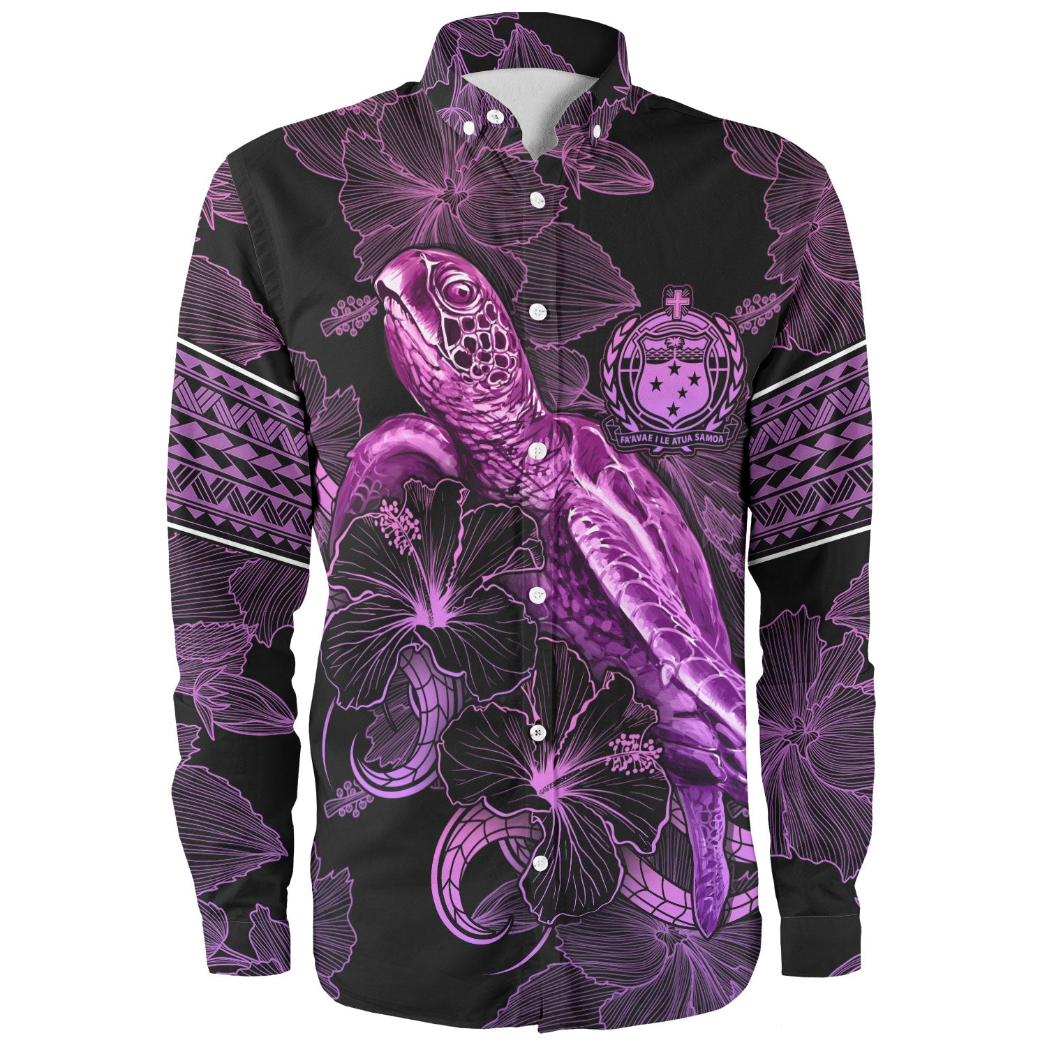 Samoa Long Sleeve Shirt Sea Turtle With Blooming Hibiscus Flowers Tribal Purple