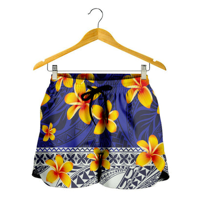Samoa Women Shorts Plumeria Flower Fabric Design Blue