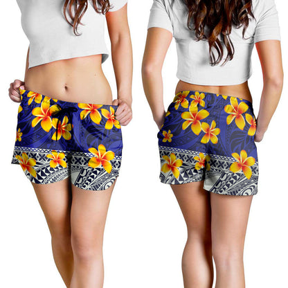 Samoa Women Shorts Plumeria Flower Fabric Design Blue