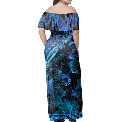 Samoa Combo Off Shoulder Long Dress And Shirt Sea Turtle With Blooming Hibiscus Flowers Tribal Blue