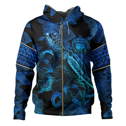 Samoa Hoodie Sea Turtle With Blooming Hibiscus Flowers Tribal Blue
