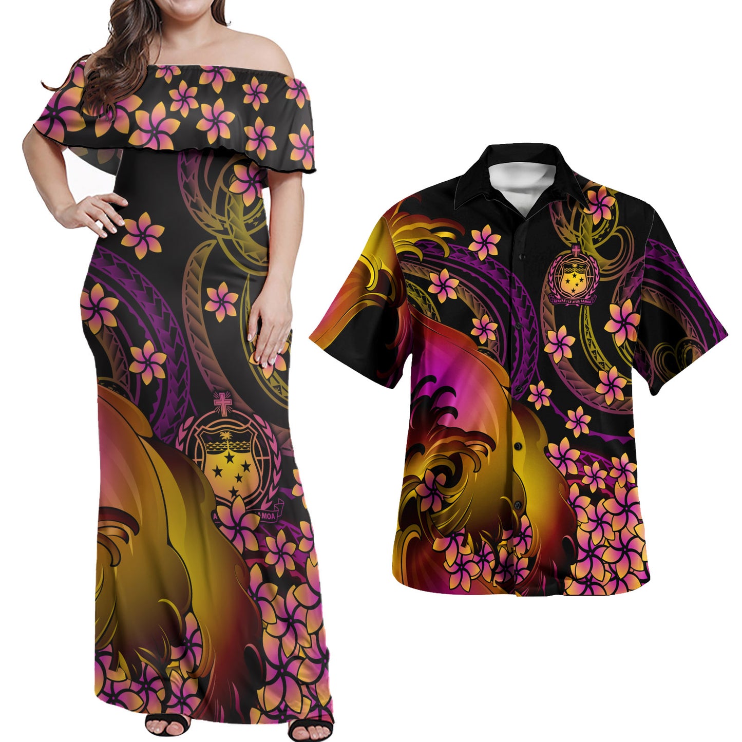 Samoa Polynesian Pattern Combo Dress And Shirt Plumeria In Wave