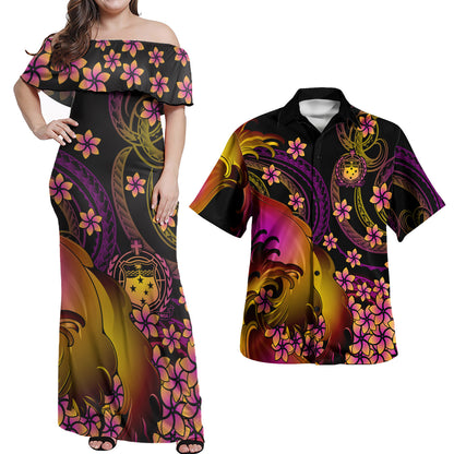Samoa Polynesian Pattern Combo Dress And Shirt Plumeria In Wave