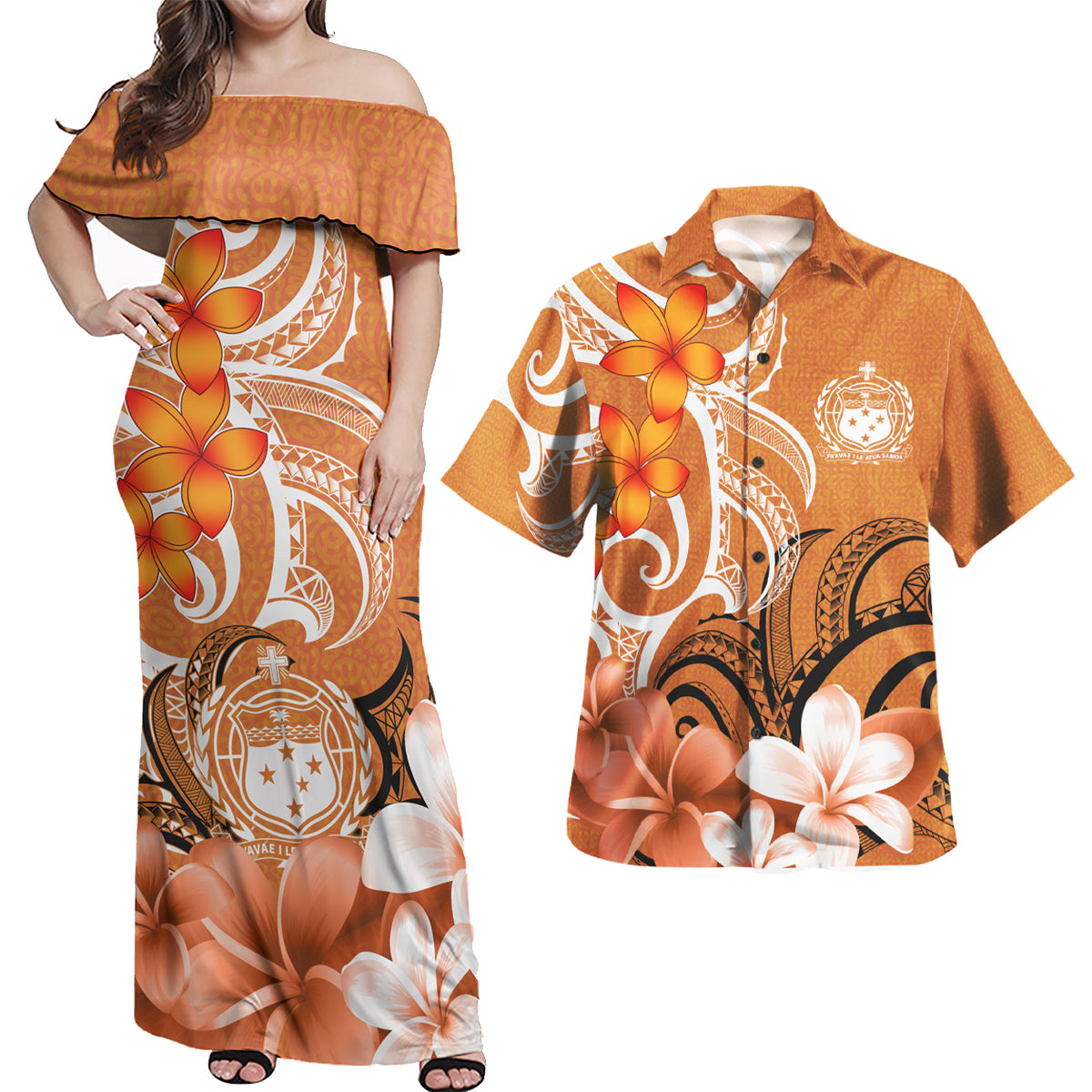 Samoa Polynesian Pattern Combo Dress And Shirt - Floral Spirit Orange