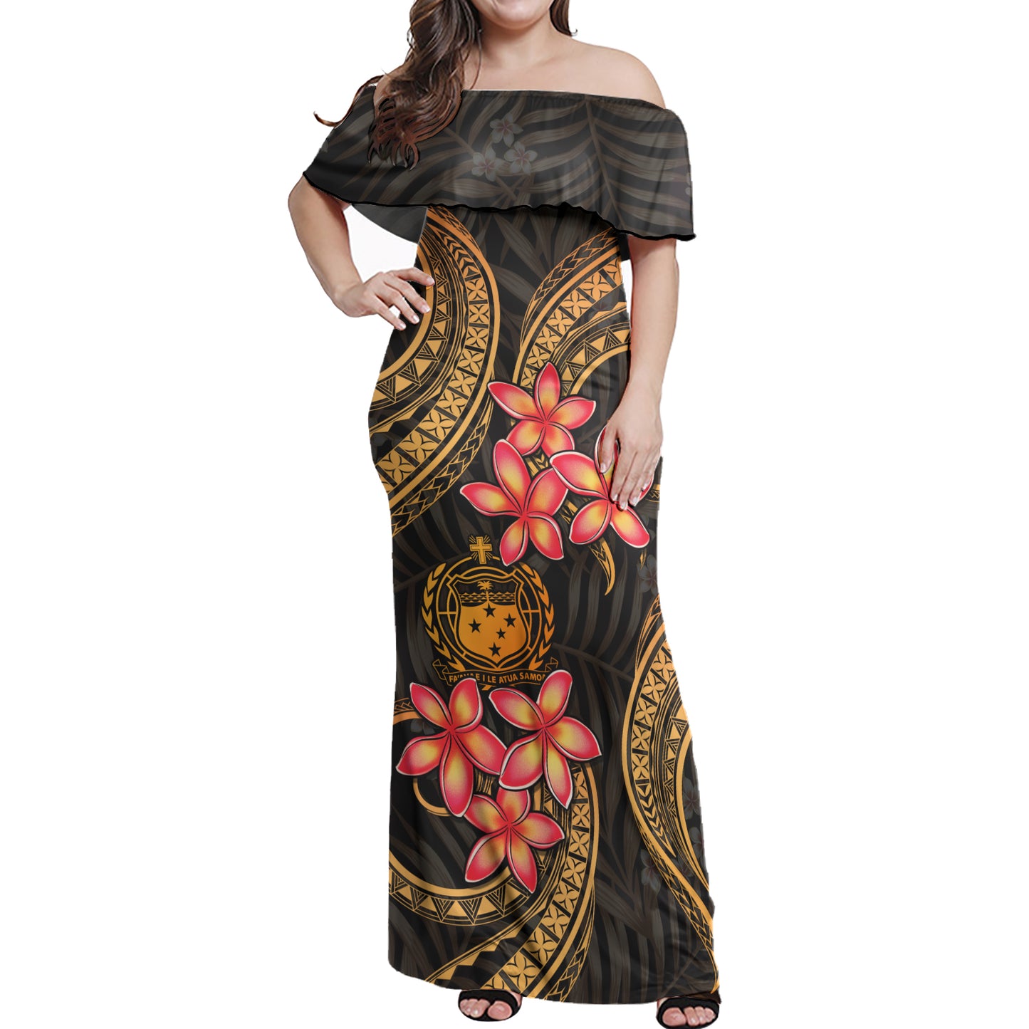 Samoa Woman Off Shoulder Long Dress Polynesian Gold Plumeria