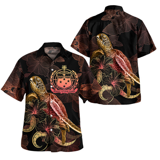 Samoa Short Sleeve Shirt - Custom Samoa Coat Of Arms With Turtle Blooming Hibiscus Gold
