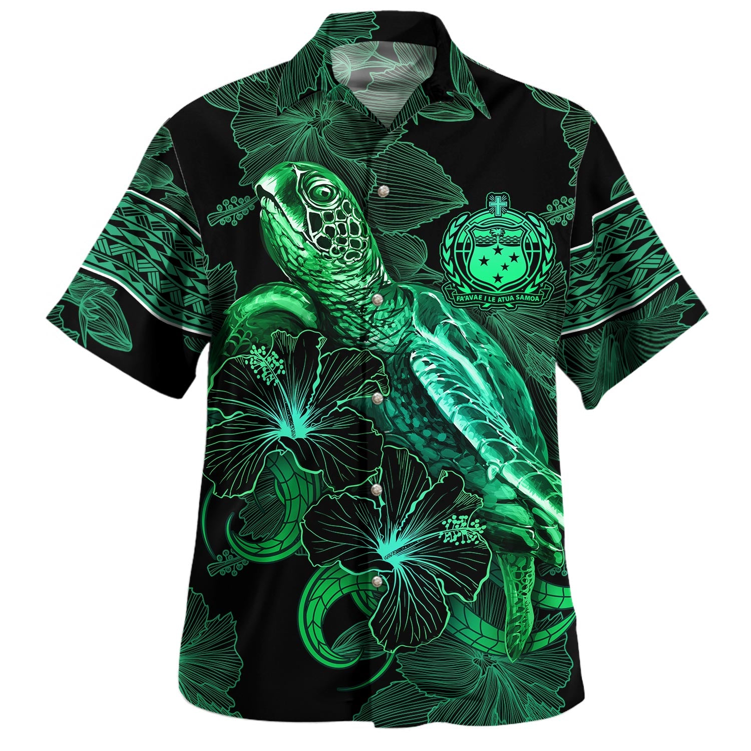 Samoa Hawaiian Shirt  Sea Turtle With Blooming Hibiscus Flowers Tribal Green
