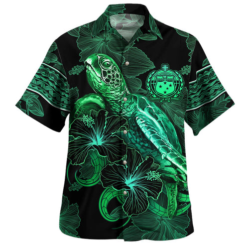 Samoa Hawaiian Shirt  Sea Turtle With Blooming Hibiscus Flowers Tribal Green
