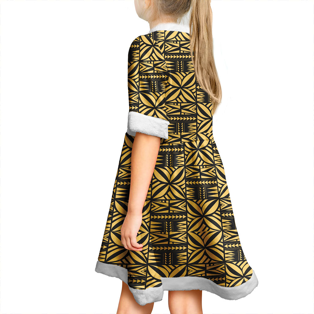 Samoa Women and Kid Christmas Dress Design Stretch Print Fabric Gold