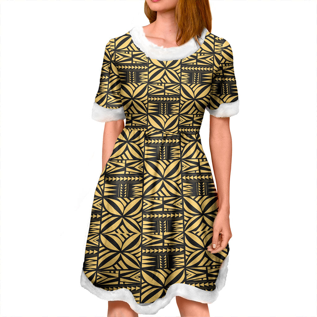 Samoa Women and Kid Christmas Dress Design Stretch Print Fabric Gold
