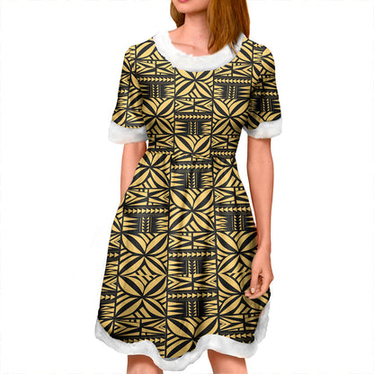 Samoa Women and Kid Christmas Dress Design Stretch Print Fabric Gold