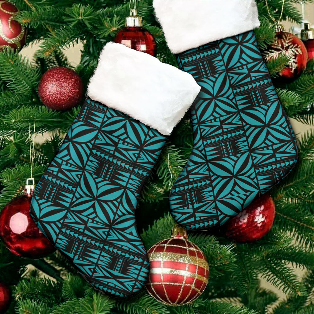 Samoa Christmas Stocking Design Stretch Print Fabric Turquoise