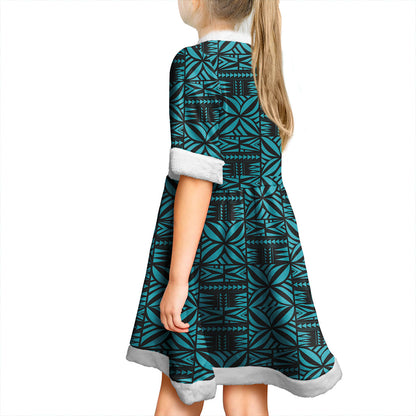 Samoa Women and Kid Christmas Dress Design Stretch Print Fabric Turquoise